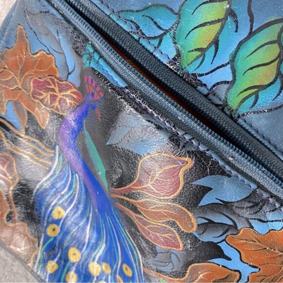 Vintage 90’s Biacci Hand Painted Peacock On Leather Crossbody Shoulder Bag Purse - Picture 11 of 16